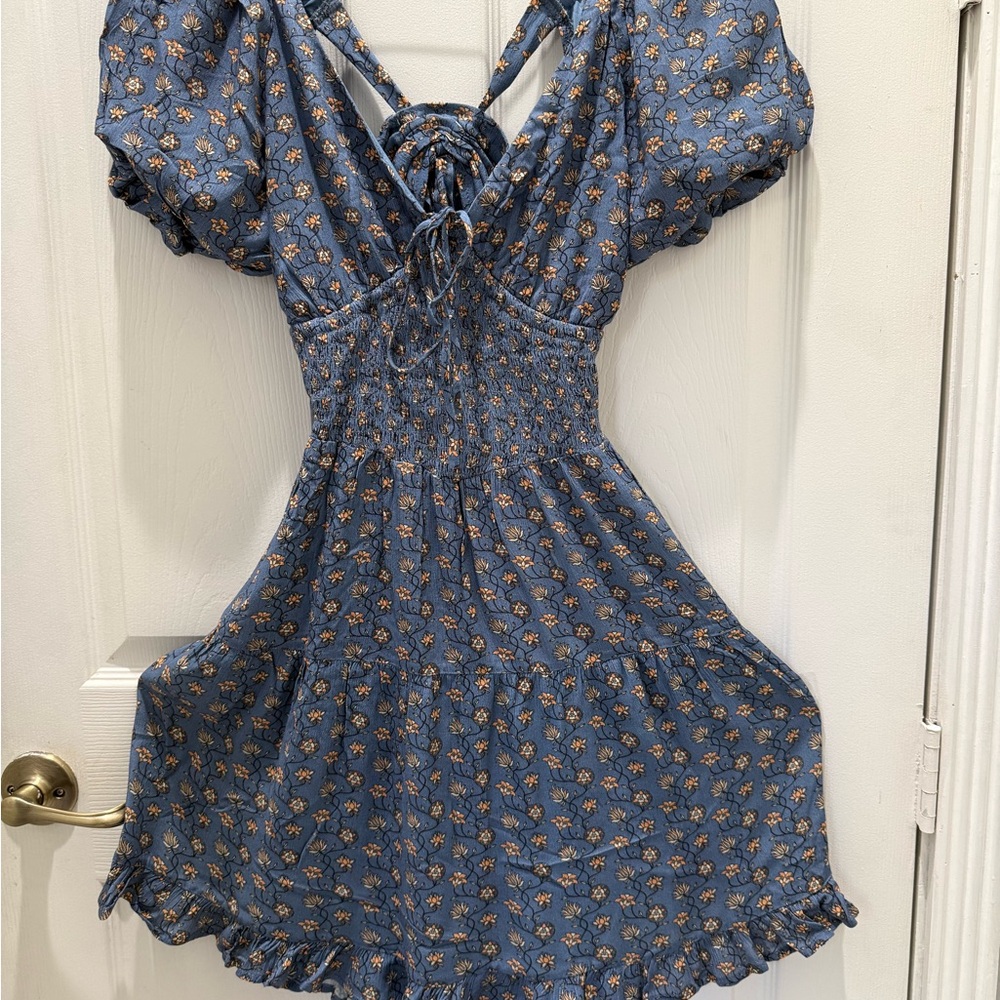 WISHLIST Floral Minidress Floral Blue, Puff Sleeve Medium
